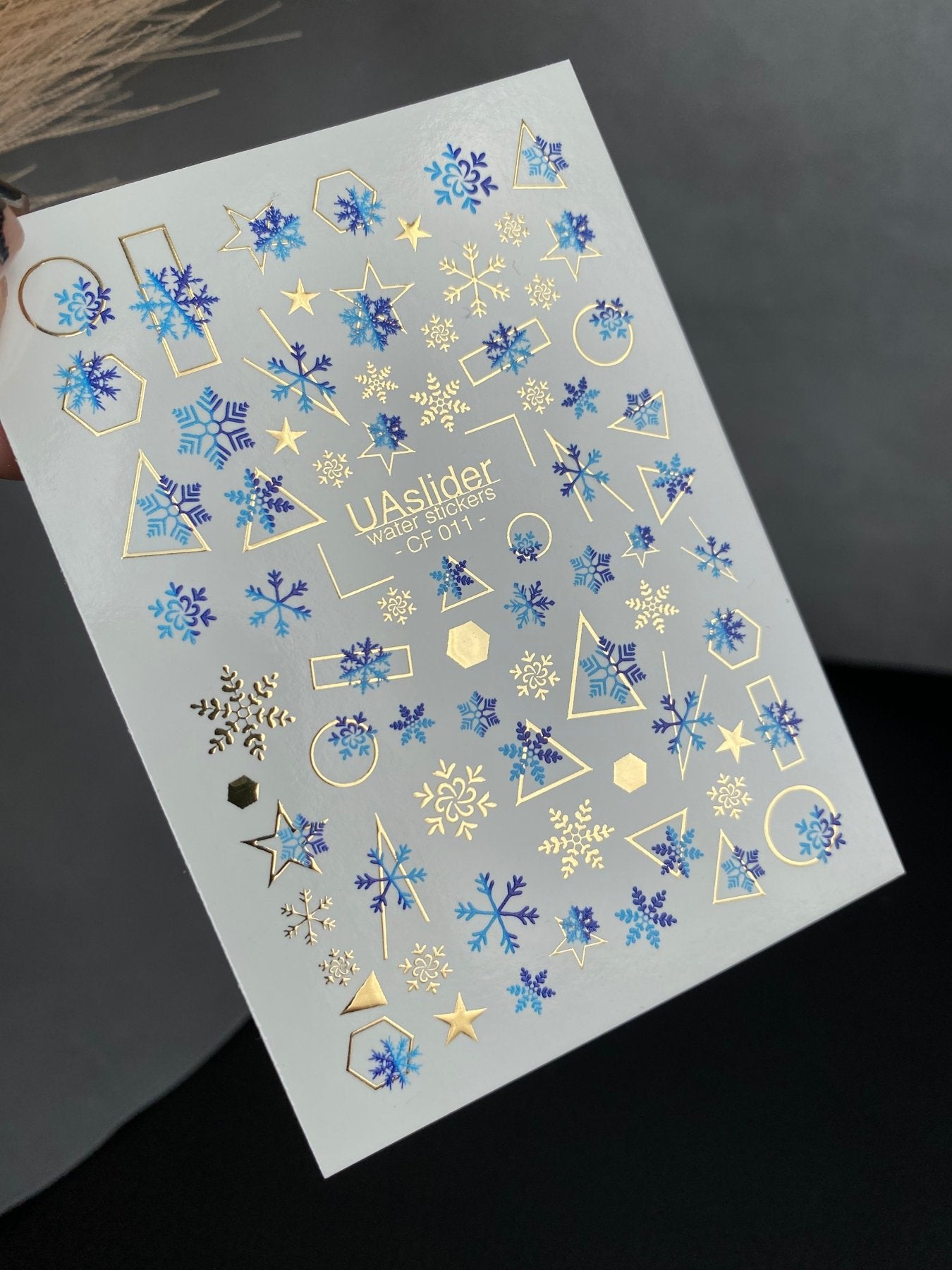 Nail Water Decal CF-011 | Winter Water Slide Nail Decals, Blue Snowflakes with Gold Foil Geometric Accents - UASLIDER