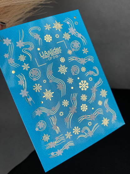 Nail Water Decal CF-015 | Winter Water Slide Nail Decals, Silver Snowflakes and Gold Foil Shooting Stars
