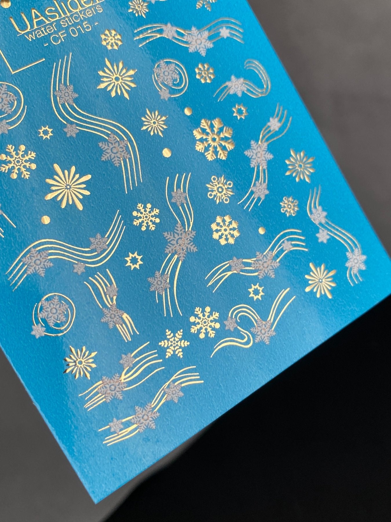Nail Water Decal CF-015 | Winter Water Slide Nail Decals, Silver Snowflakes and Gold Foil Shooting Stars - UASLIDER