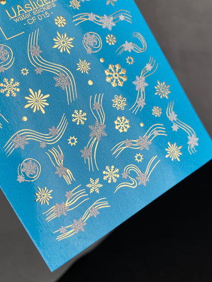 Nail Water Decal CF-015 | Winter Water Slide Nail Decals, Silver Snowflakes and Gold Foil Shooting Stars