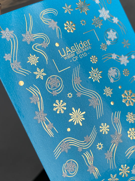 Nail Water Decal CF-015 | Winter Water Slide Nail Decals, Silver Snowflakes and Gold Foil Shooting Stars