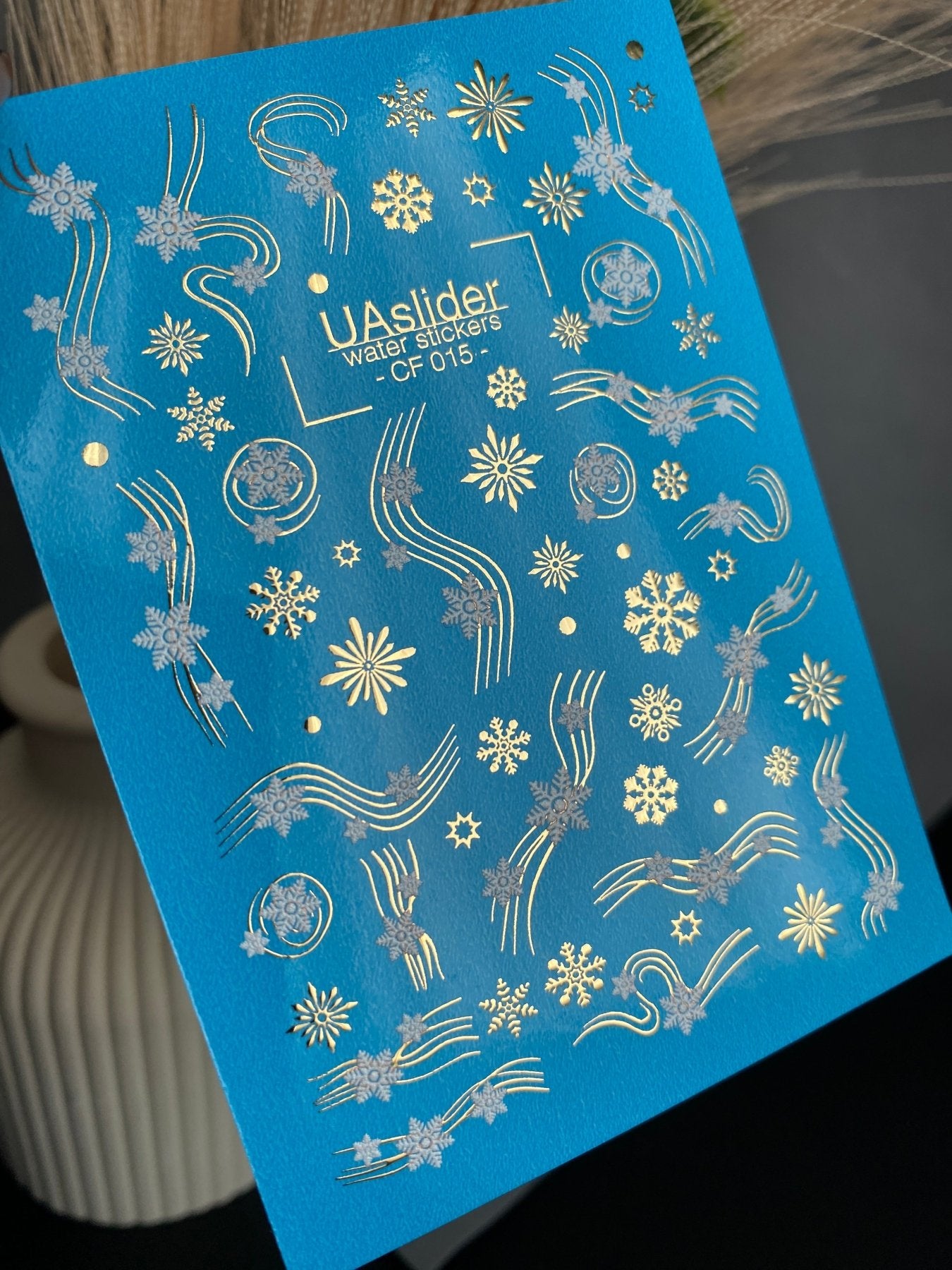 Nail Water Decal CF-015 | Winter Water Slide Nail Decals, Silver Snowflakes and Gold Foil Shooting Stars - UASLIDER