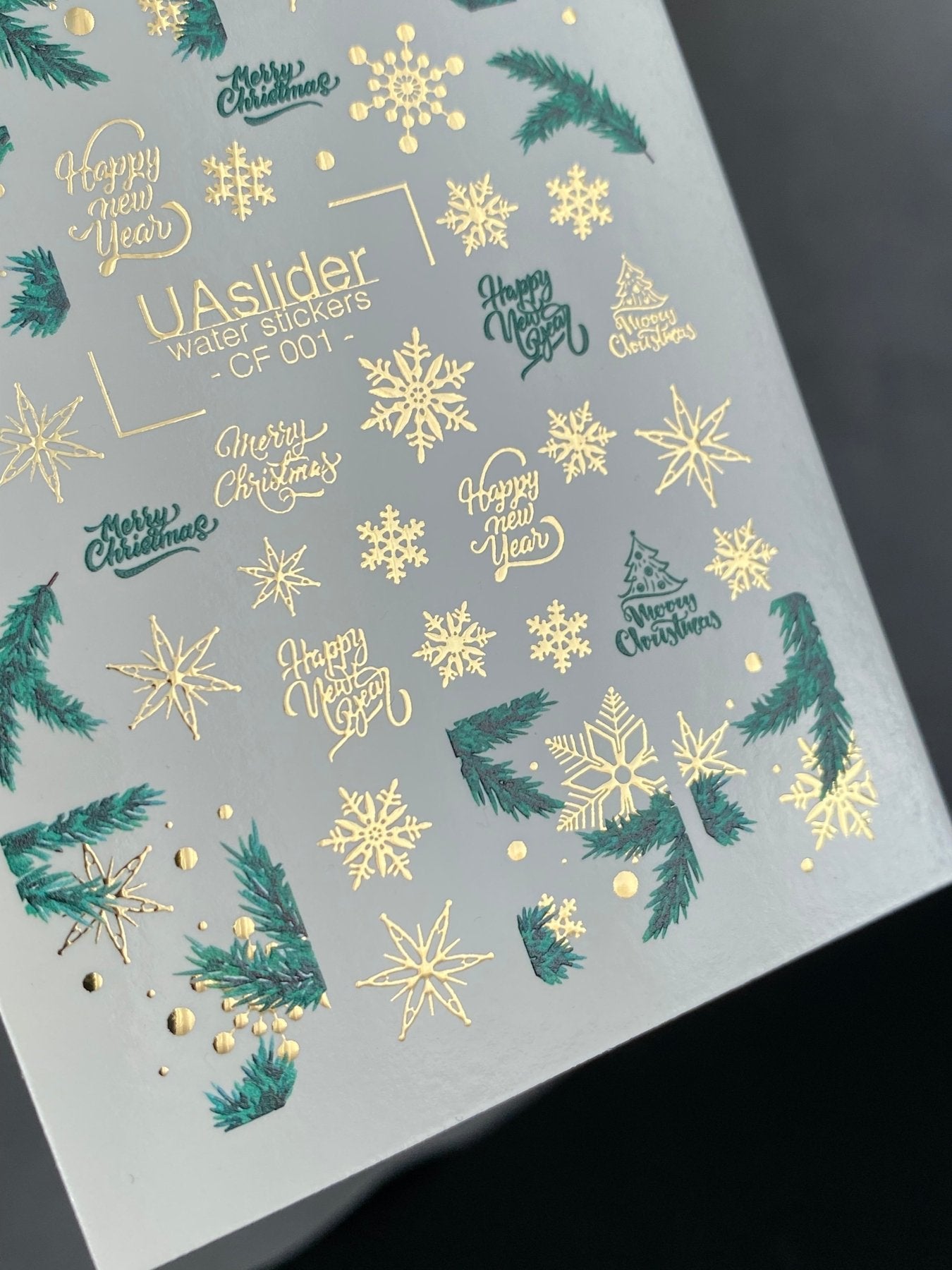 Nail Water Decal CF-001 | Christmas Water Slide Nail Decals, Gold Foil Snowflakes & Pine - UASLIDER