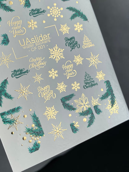 Nail Water Decal CF-001 | Christmas Water Slide Nail Decals, Gold Foil Snowflakes & Pine