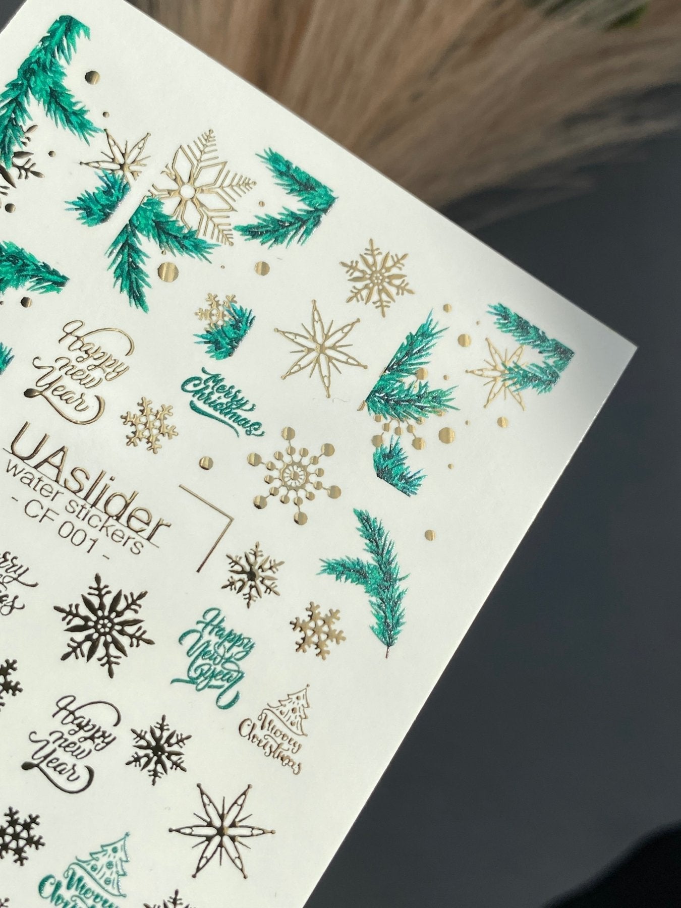 Nail Water Decal CF-001 | Christmas Water Slide Nail Decals, Gold Foil Snowflakes & Pine - UASLIDER