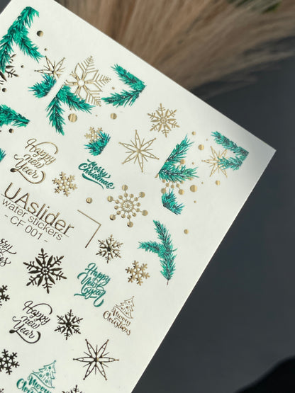 Nail Water Decal CF-001 | Christmas Water Slide Nail Decals, Gold Foil Snowflakes & Pine