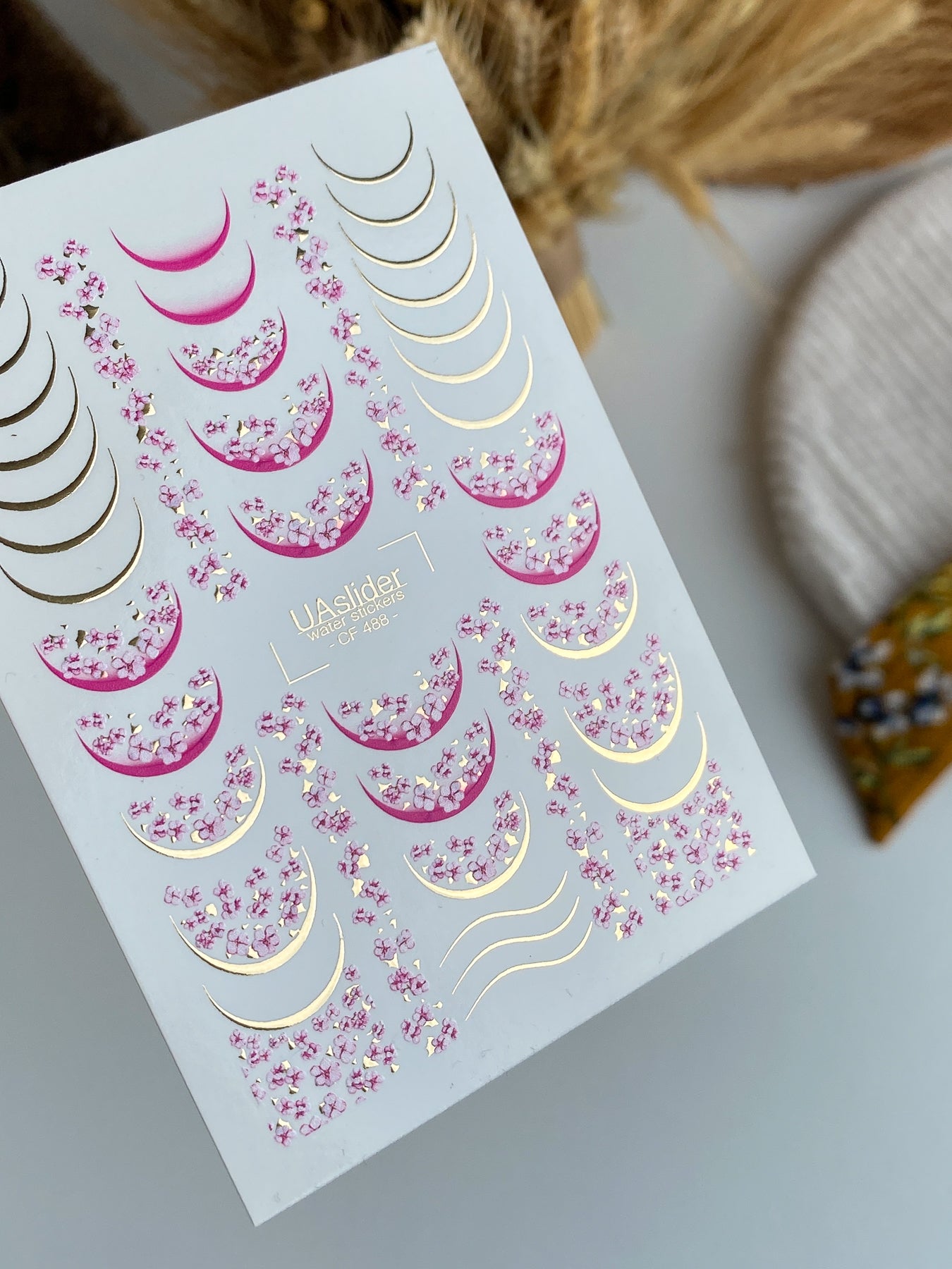 Nail Water Decal CF-488 | Sakura Blossom Nail Water Decals with Gold Accents | Floral French Design