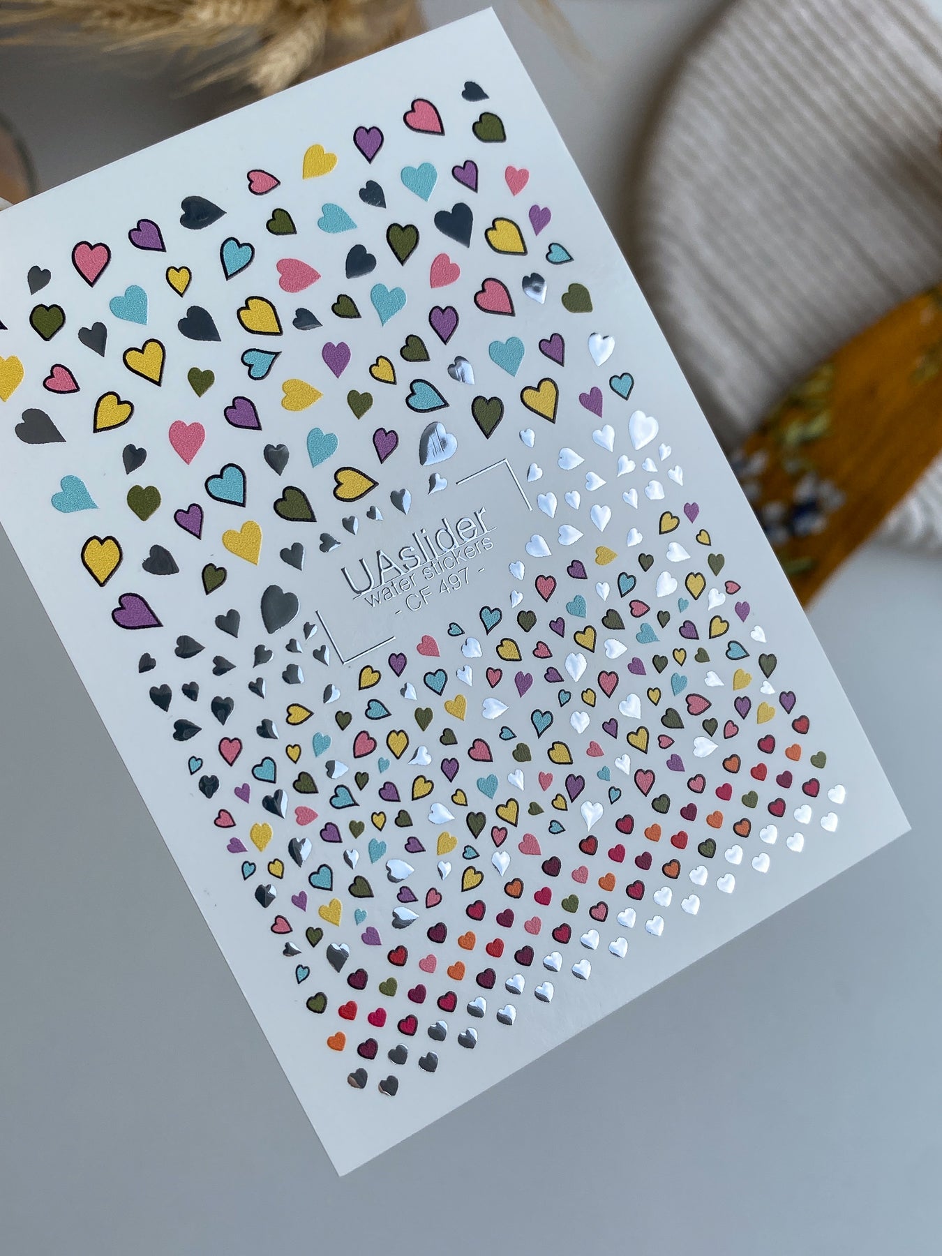 Nail Water Decal CF-497 | Colorful Hearts Nail Water Decals with Gold Foil | Love Themed Nail Stickers