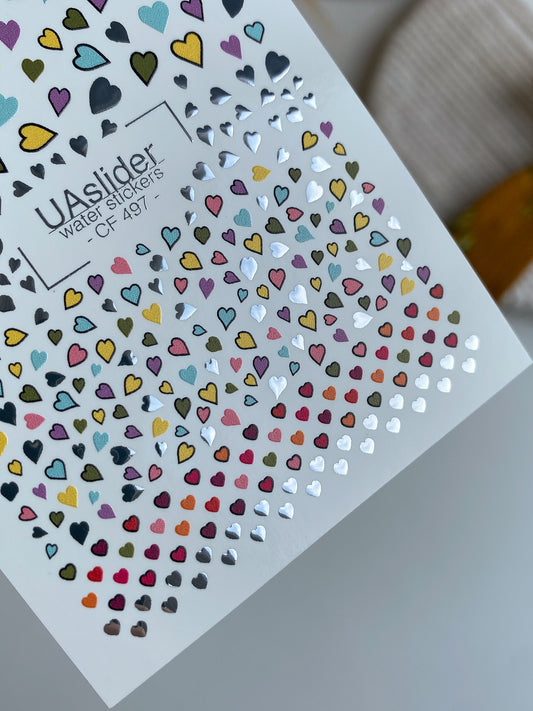 Nail Water Decal CF-497 | Colorful Hearts Nail Water Decals with Gold Foil | Love Themed Nail Stickers
