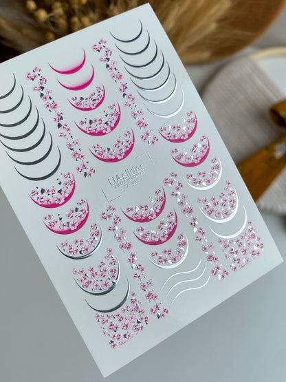 Nagel Wasserabziehbild CF-495 | Sakura Französische Nagel Wasserabziehbilder mit Silberakzenten | Florale Nagelaufkleber