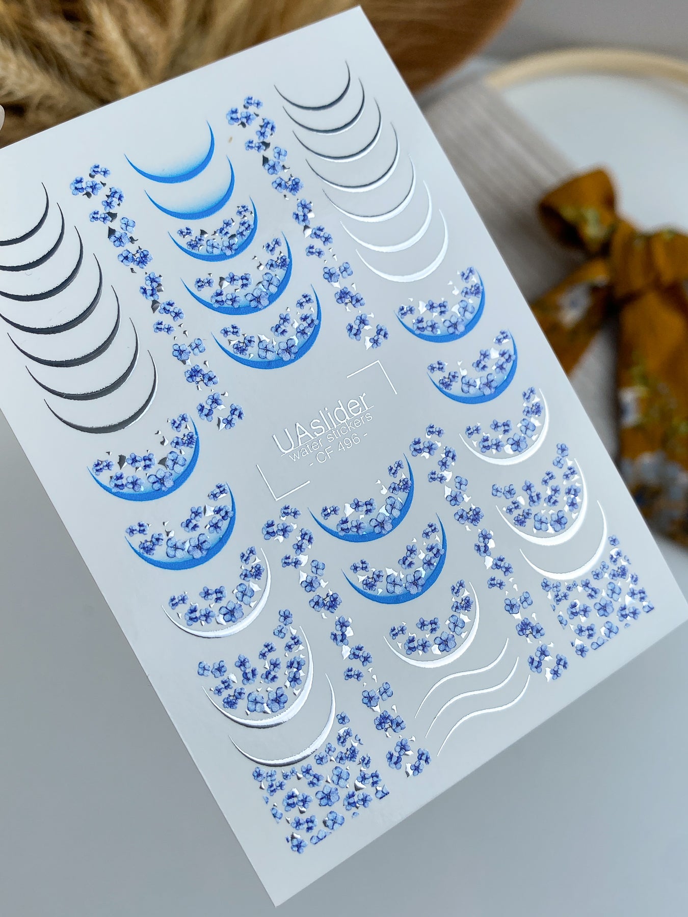 Nagel Wasserabziehbild CF-496 | Blaue Sakura Französische Nagel Wasserabziehbilder mit Silberakzenten | Florale Nagelaufkleber