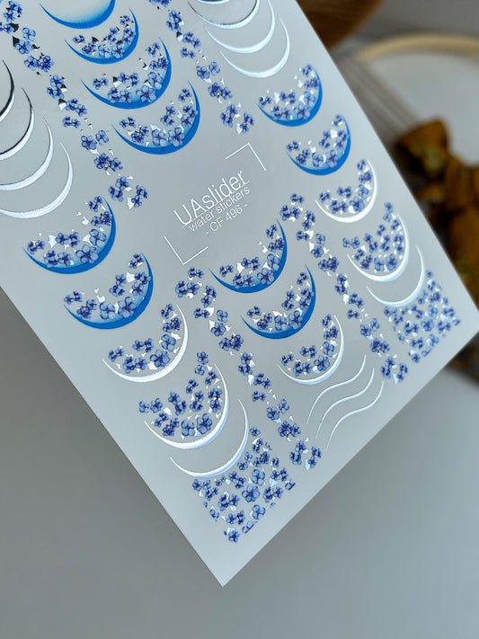 Nail Water Decal CF-496 | Blue Sakura French Nail Water Decals with Silver Accents | Floral Nail Stickers