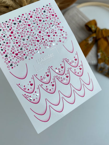 Nail Water Decal CF-491 | Pink & Silver Heart Nail Water Decals | French Tip Romantic Design