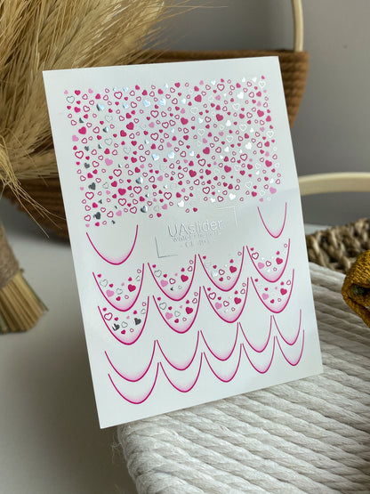 Nail Water Decal CF-491 | Pink & Silver Heart Nail Water Decals | French Tip Romantic Design