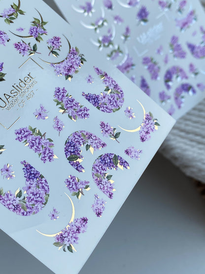 Adesivo de Água para Unhas CF-487 | Adesivos de Água para Unhas Flor de Lilás com Detalhes Dourados | Design Floral
