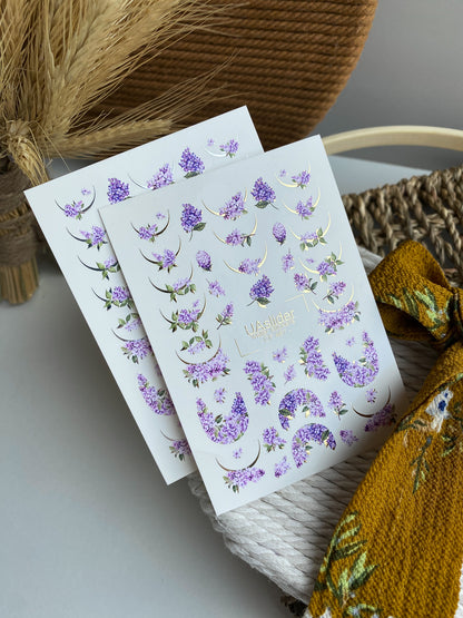 Adesivo de Água para Unhas CF-487 | Adesivos de Água para Unhas Flor de Lilás com Detalhes Dourados | Design Floral