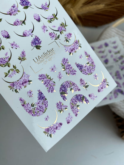 Adesivo de Água para Unhas CF-487 | Adesivos de Água para Unhas Flor de Lilás com Detalhes Dourados | Design Floral