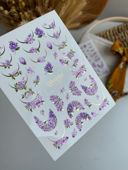 Adesivo de Água para Unhas CF-487 | Adesivos de Água para Unhas Flor de Lilás com Detalhes Dourados | Design Floral