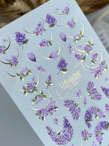Adesivo de Água para Unhas CF-487 | Adesivos de Água para Unhas Flor de Lilás com Detalhes Dourados | Design Floral