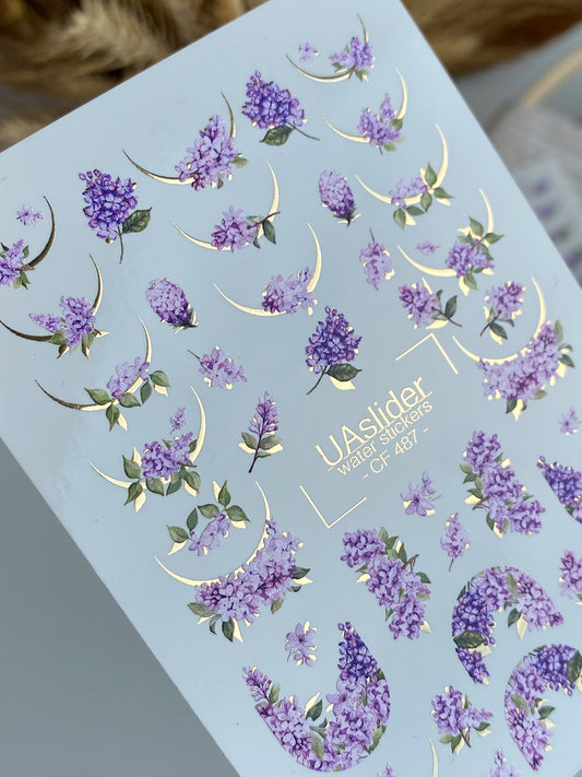 Nail Water Decal CF-487 | Lilac Blossom Nail Water Decals with Golden Accents | Floral Design