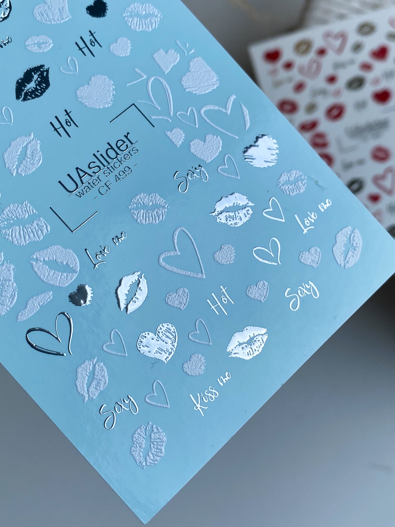 Nail Water Decal CF-499 | Silver Metallic Kiss & Heart Nail Water Decals | Romantic Sexy Nail Stickers