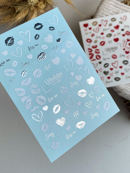 Nail Water Decal CF-499 | Silver Metallic Kiss & Heart Nail Water Decals | Romantic Sexy Nail Stickers