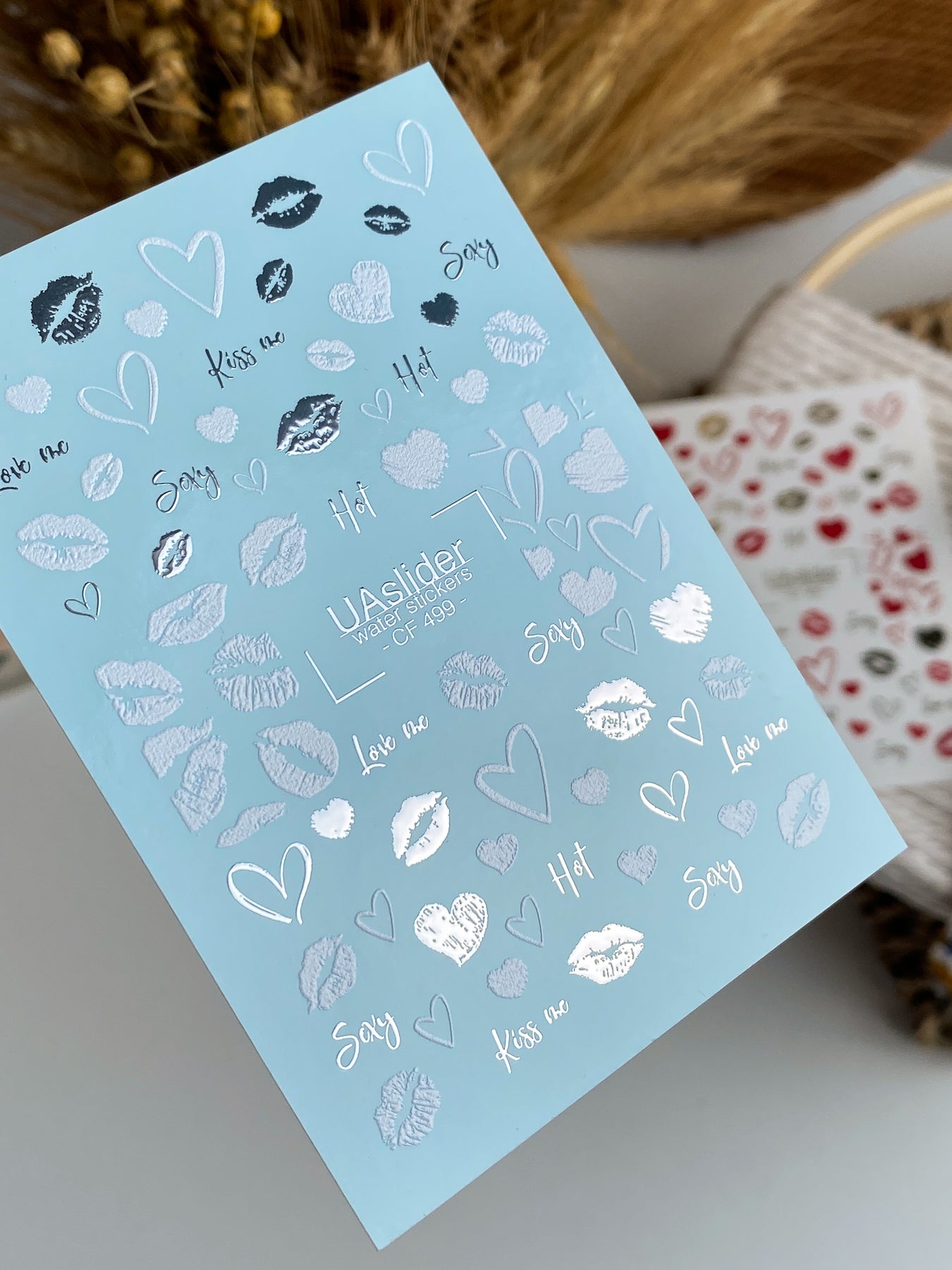 Nail Water Decal CF-499 | Silver Metallic Kiss & Heart Nail Water Decals | Romantic Sexy Nail Stickers