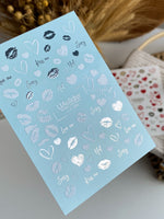 Nail Water Decal CF-499 | Silver Metallic Kiss & Heart Nail Water Decals | Romantic Sexy Nail Stickers - UASLIDER