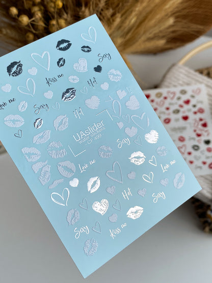 Nail Water Decal CF-499 | Silver Metallic Kiss & Heart Nail Water Decals | Romantic Sexy Nail Stickers