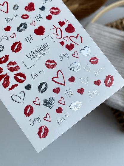 Nail Water Decal CF-492 | Sexy Kiss & Heart Nail Water Decals | Red & Silver Romantic Stickers