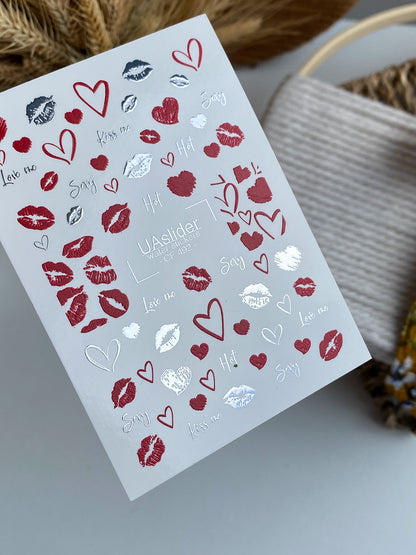 Nail Water Decal CF-492 | Sexy Kiss & Heart Nail Water Decals | Red & Silver Romantic Stickers