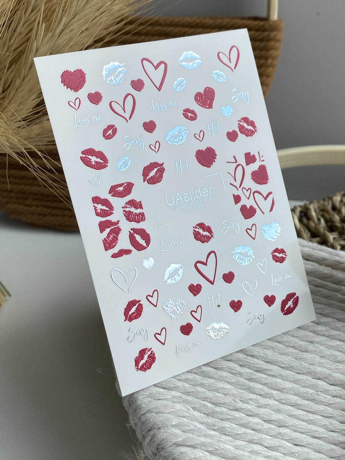 Nail Water Decal CF-492 | Sexy Kiss & Heart Nail Water Decals | Red & Silver Romantic Stickers - UASLIDER
