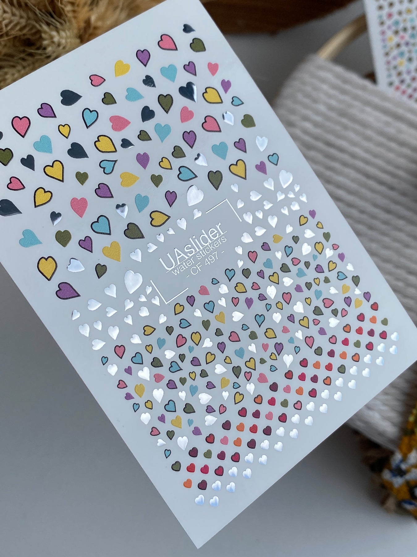 Nail Water Decal CF-497 | Colorful Hearts Nail Water Decals with Gold Foil | Love Themed Nail Stickers