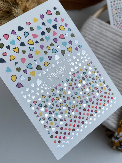 Nail Water Decal CF-497 | Colorful Hearts Nail Water Decals with Gold Foil | Love Themed Nail Stickers