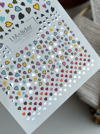 Nail Water Decal CF-497 | Colorful Hearts Nail Water Decals with Gold Foil | Love Themed Nail Stickers