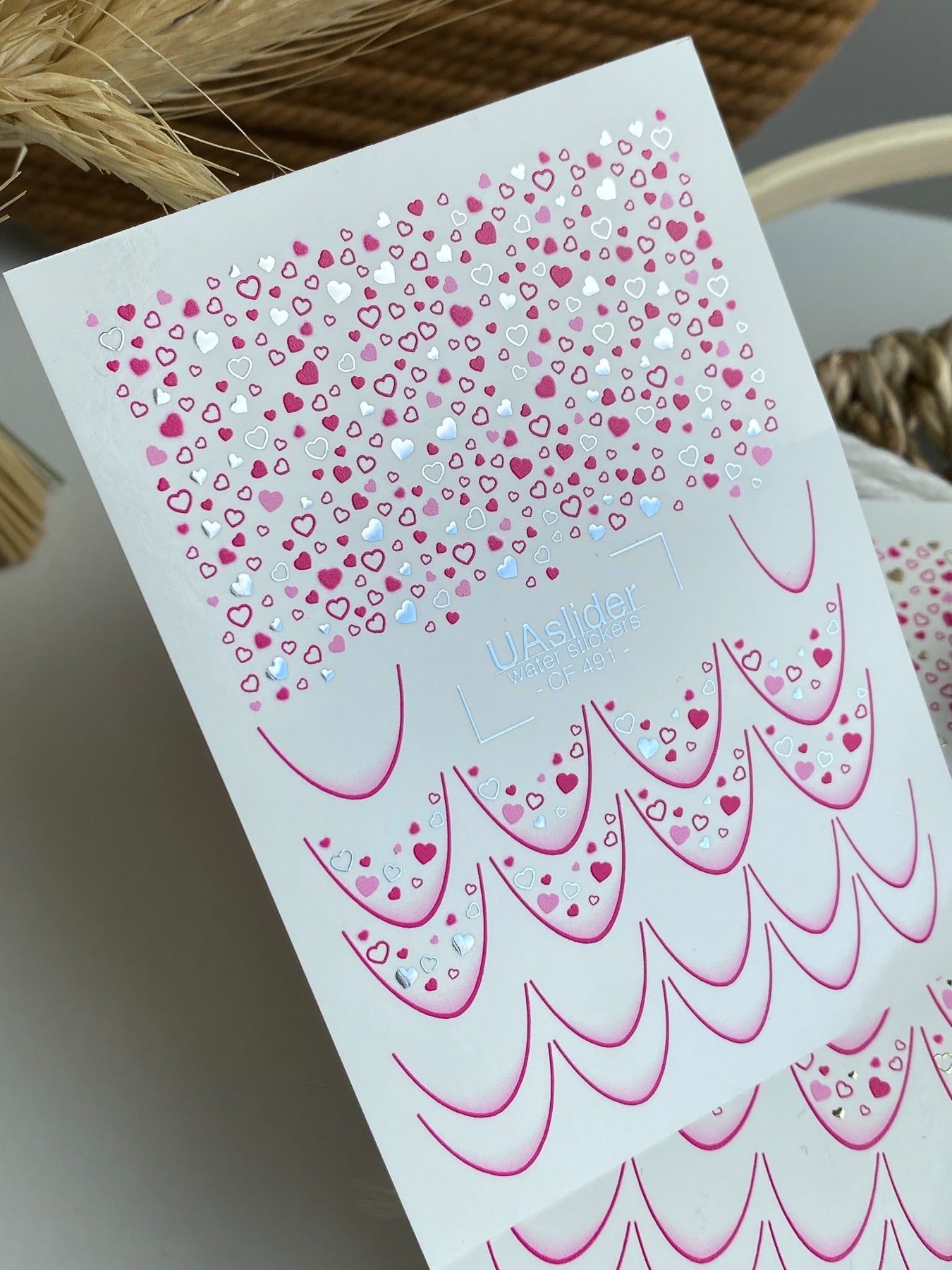 Nail Water Decal CF-491 | Pink & Silver Heart Nail Water Decals | French Tip Romantic Design