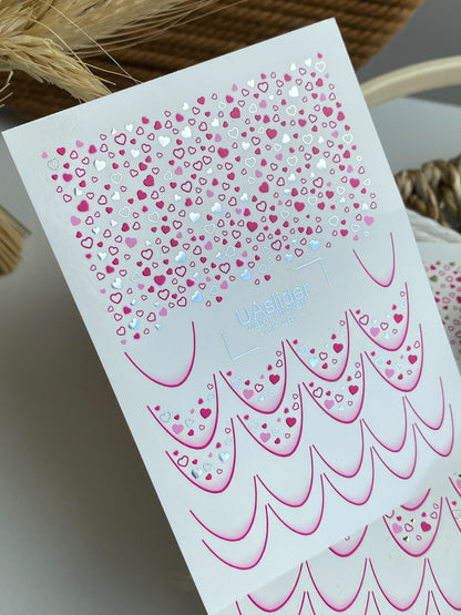 Nail Water Decal CF-491 | Pink & Silver Heart Nail Water Decals | French Tip Romantic Design