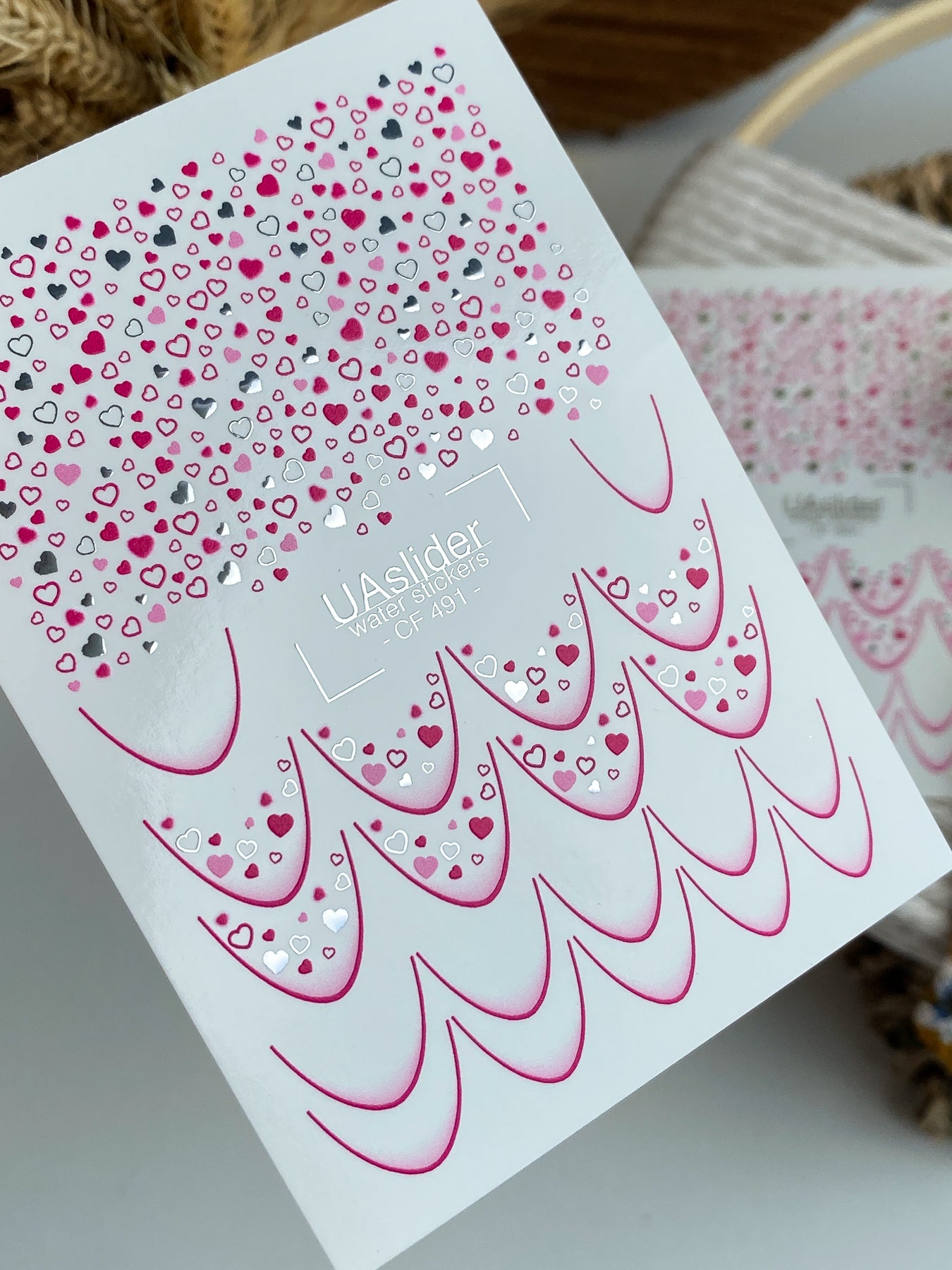 Nail Water Decal CF-491 | Pink & Silver Heart Nail Water Decals | French Tip Romantic Design