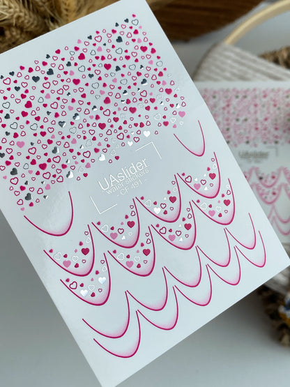 Nail Water Decal CF-491 | Pink & Silver Heart Nail Water Decals | French Tip Romantic Design