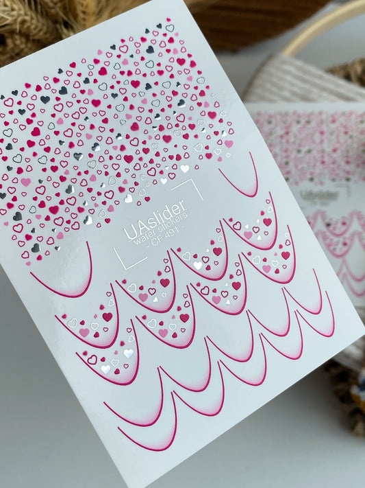 Nail Water Decal CF-491 | Pink & Silver Heart Nail Water Decals | French Tip Romantic Design