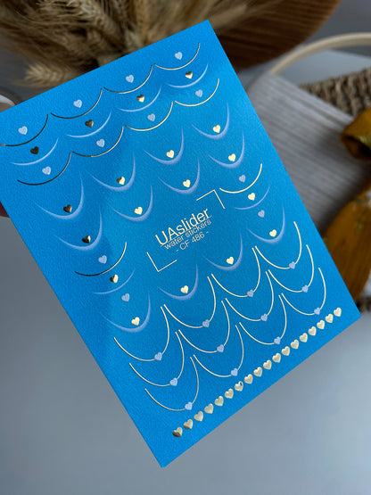 Nail Water Decal CF-486 | Blue French Nail Water Decals with Golden Hearts | Romantic Design