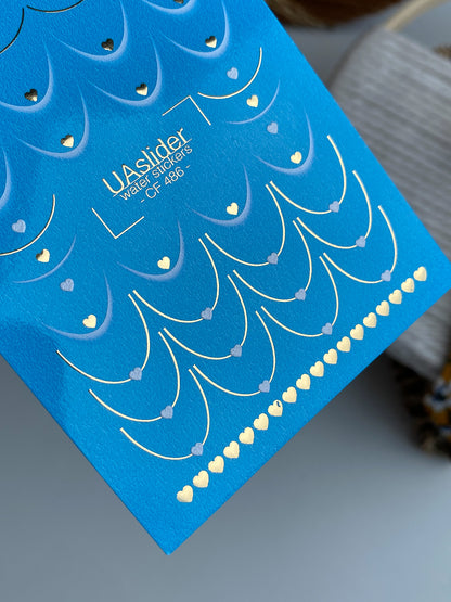 Nail Water Decal CF-486 | Blue French Nail Water Decals with Golden Hearts | Romantic Design