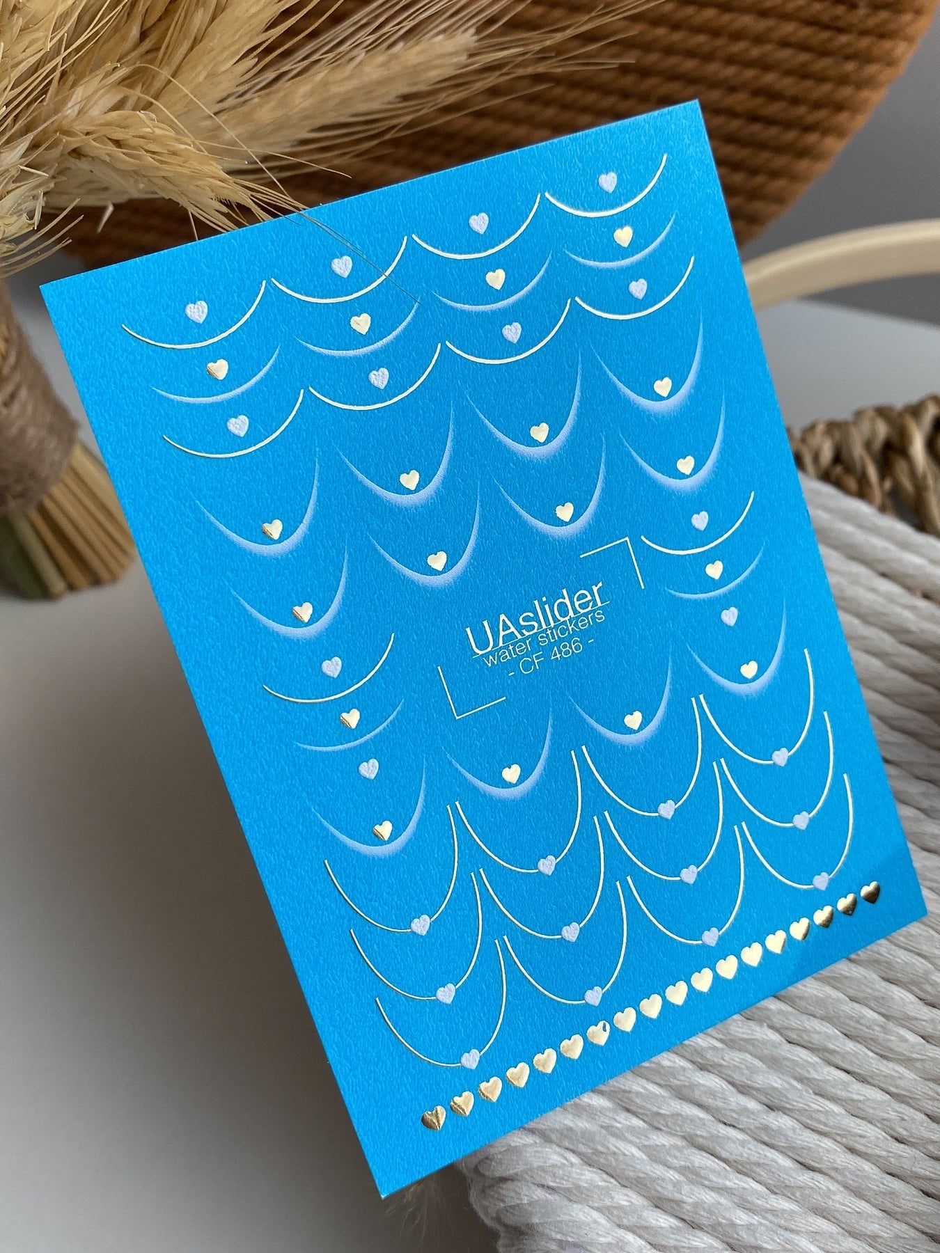 Nail Water Decal CF-486 | Blue French Nail Water Decals with Golden Hearts | Romantic Design - UASLIDER