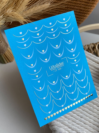 Nail Water Decal CF-486 | Blue French Nail Water Decals with Golden Hearts | Romantic Design