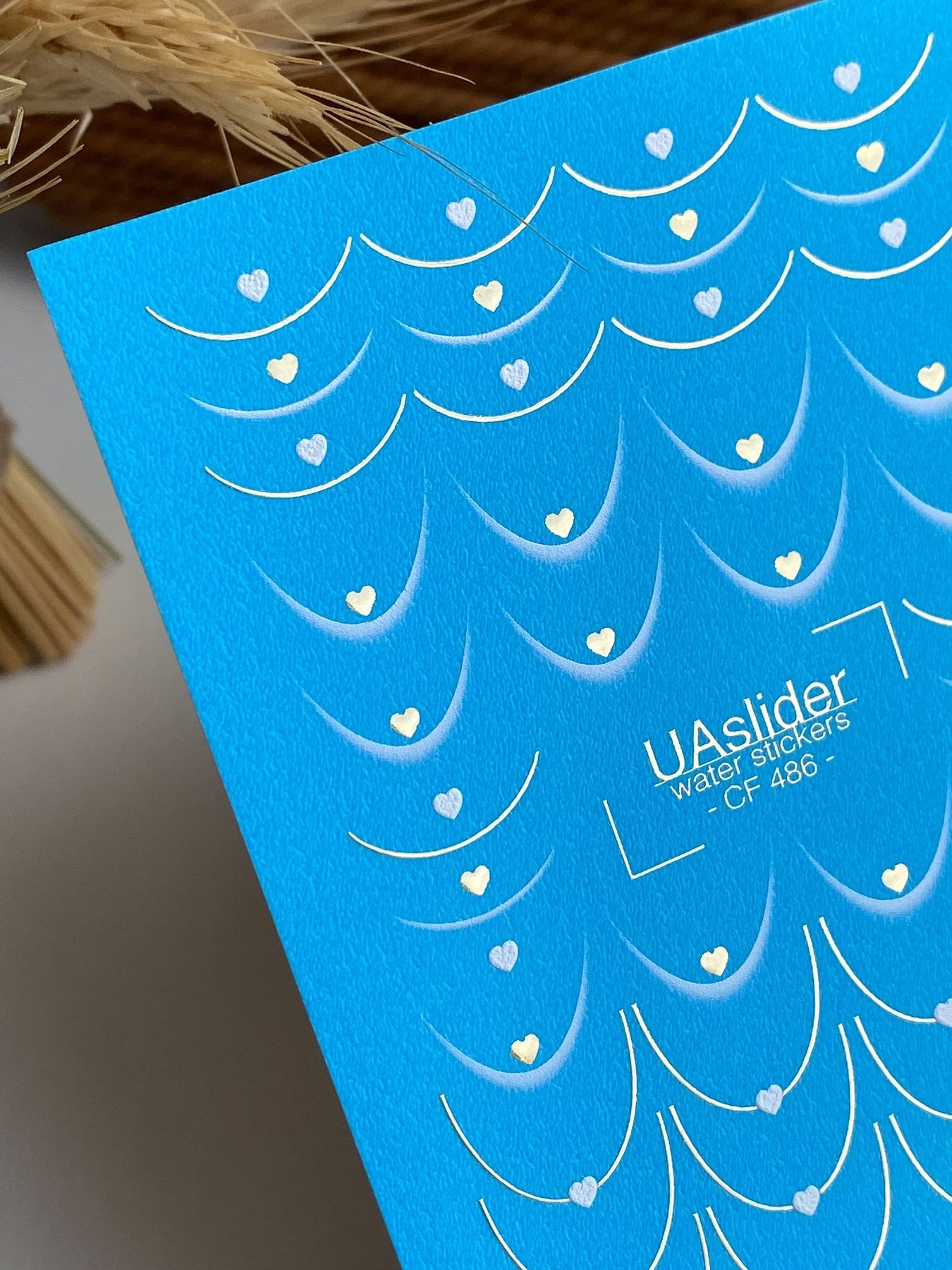Nail Water Decal CF-486 | Blue French Nail Water Decals with Golden Hearts | Romantic Design - UASLIDER