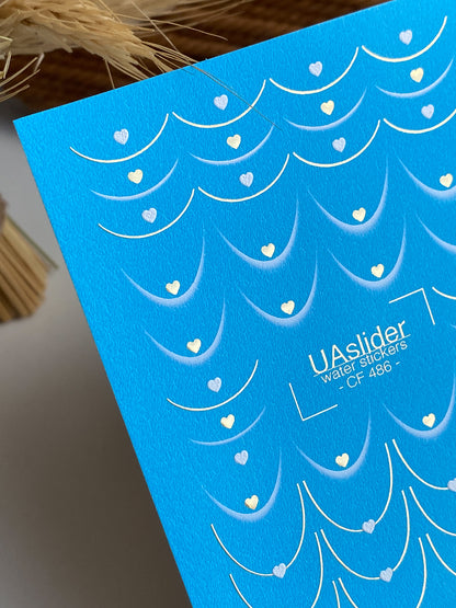 Nail Water Decal CF-486 | Blue French Nail Water Decals with Golden Hearts | Romantic Design