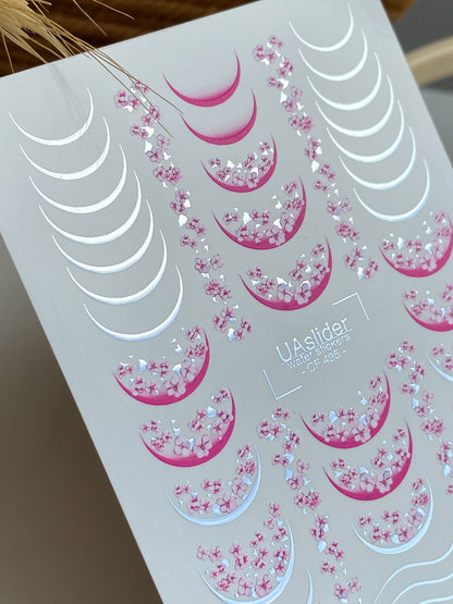Nagel Wasserabziehbild CF-495 | Sakura Französische Nagel Wasserabziehbilder mit Silberakzenten | Florale Nagelaufkleber