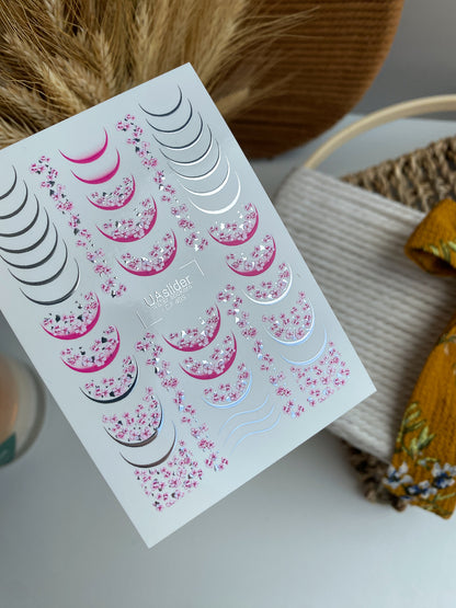 Nagel Wasserabziehbild CF-495 | Sakura Französische Nagel Wasserabziehbilder mit Silberakzenten | Florale Nagelaufkleber