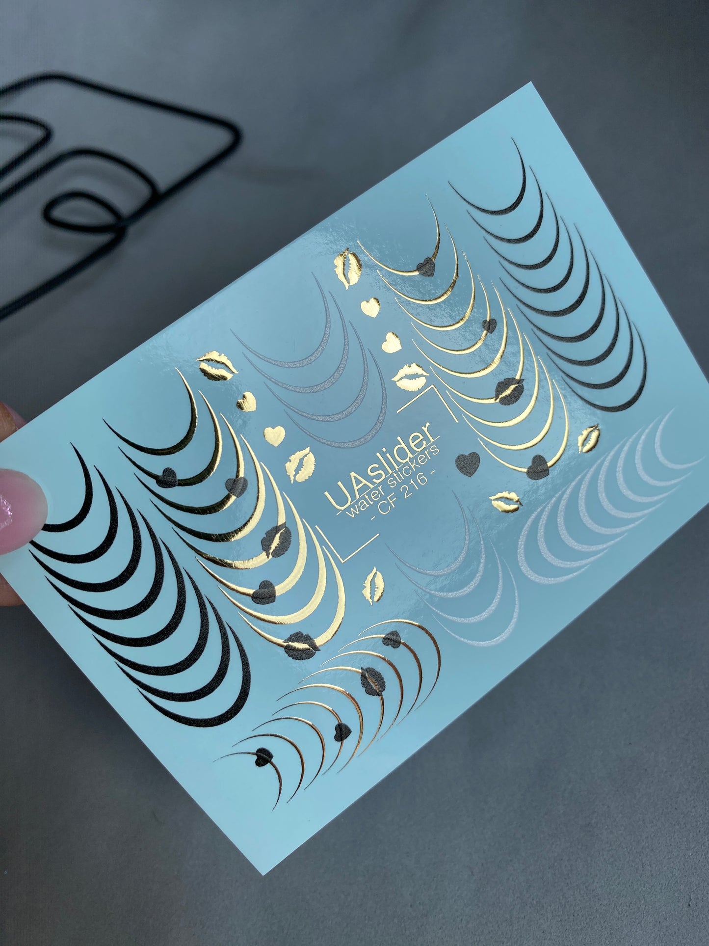 Nail Water Decal CF-216 | French Water Slide Nail Decals | Black & Gold Lines with Hearts