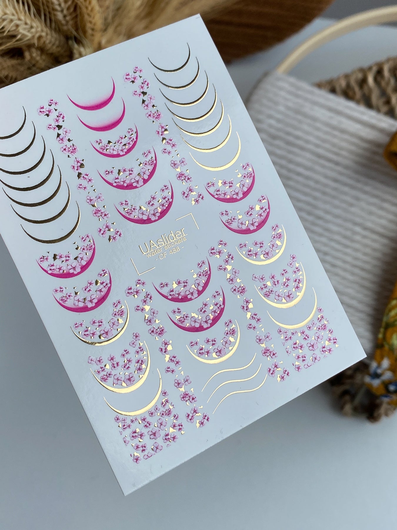 Nail Water Decal CF-488 | Sakura Blossom Nail Water Decals with Gold Accents | Floral French Design